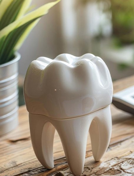 Large model tooth on a wooden desk next to calculator